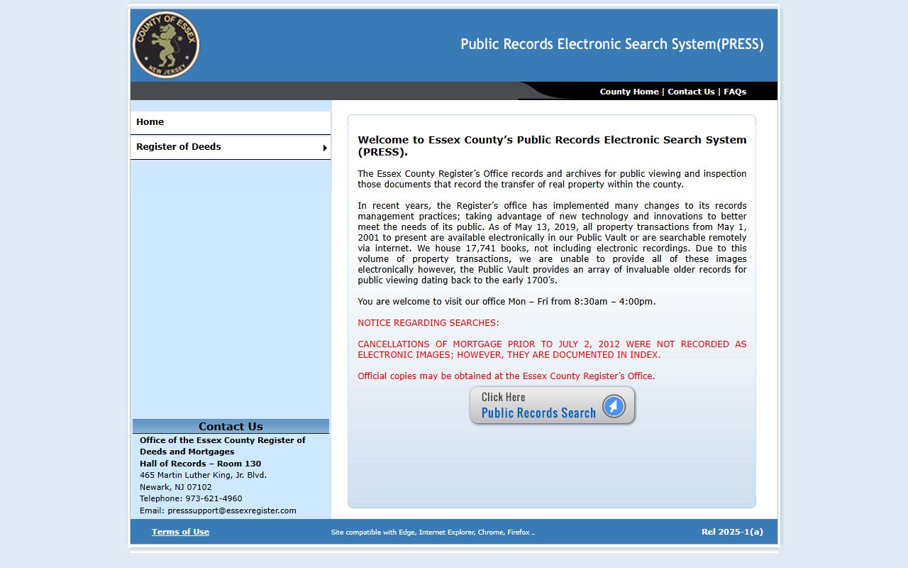 PRESS online system for searching East Orange deed records