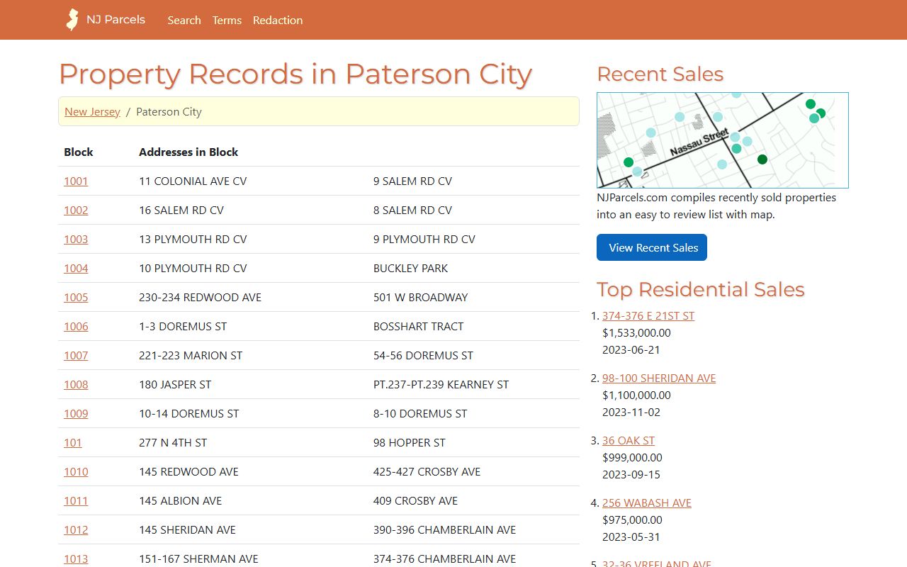 Paterson property records on NJParcels showing deed details