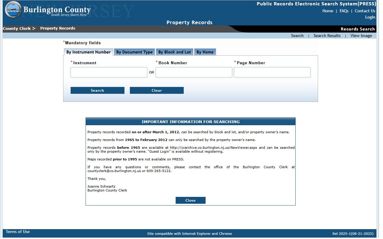 Burlington County PRESS system for searching deed records