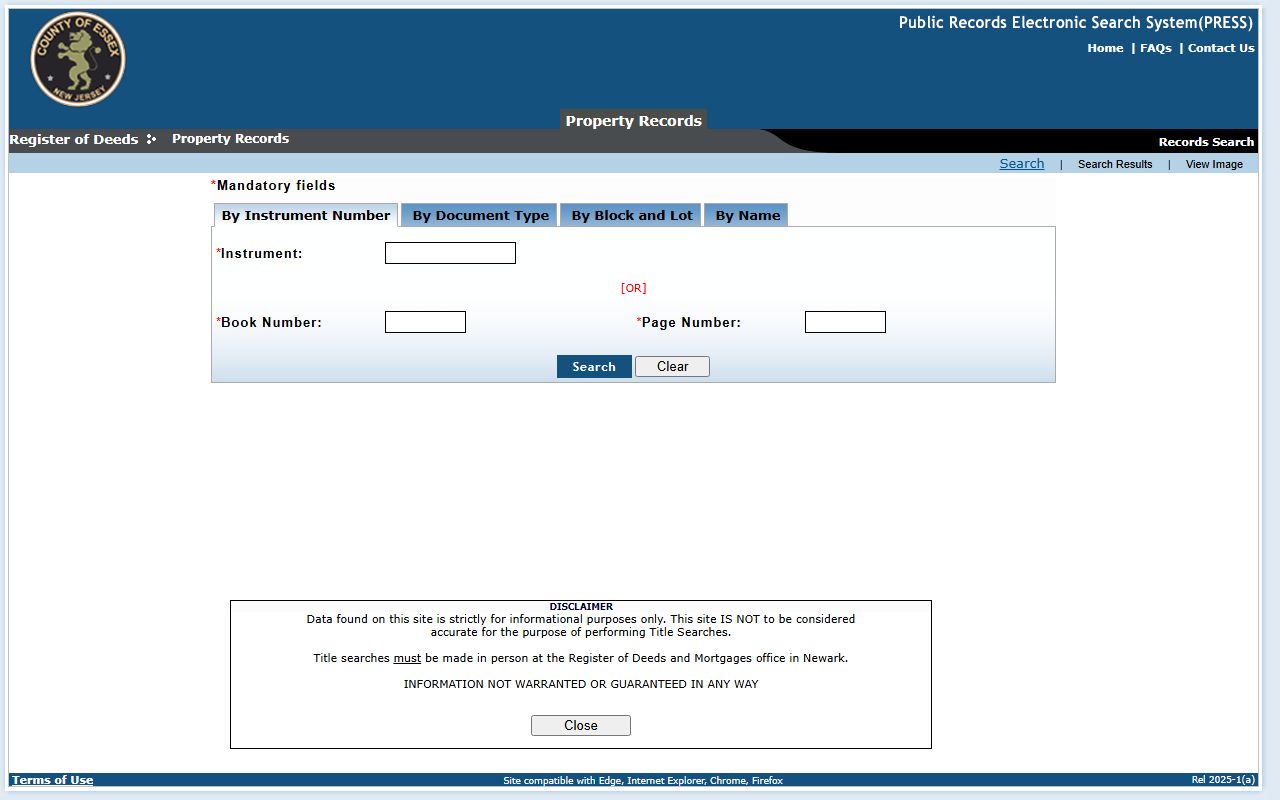 Basic search portal for Essex County deed records