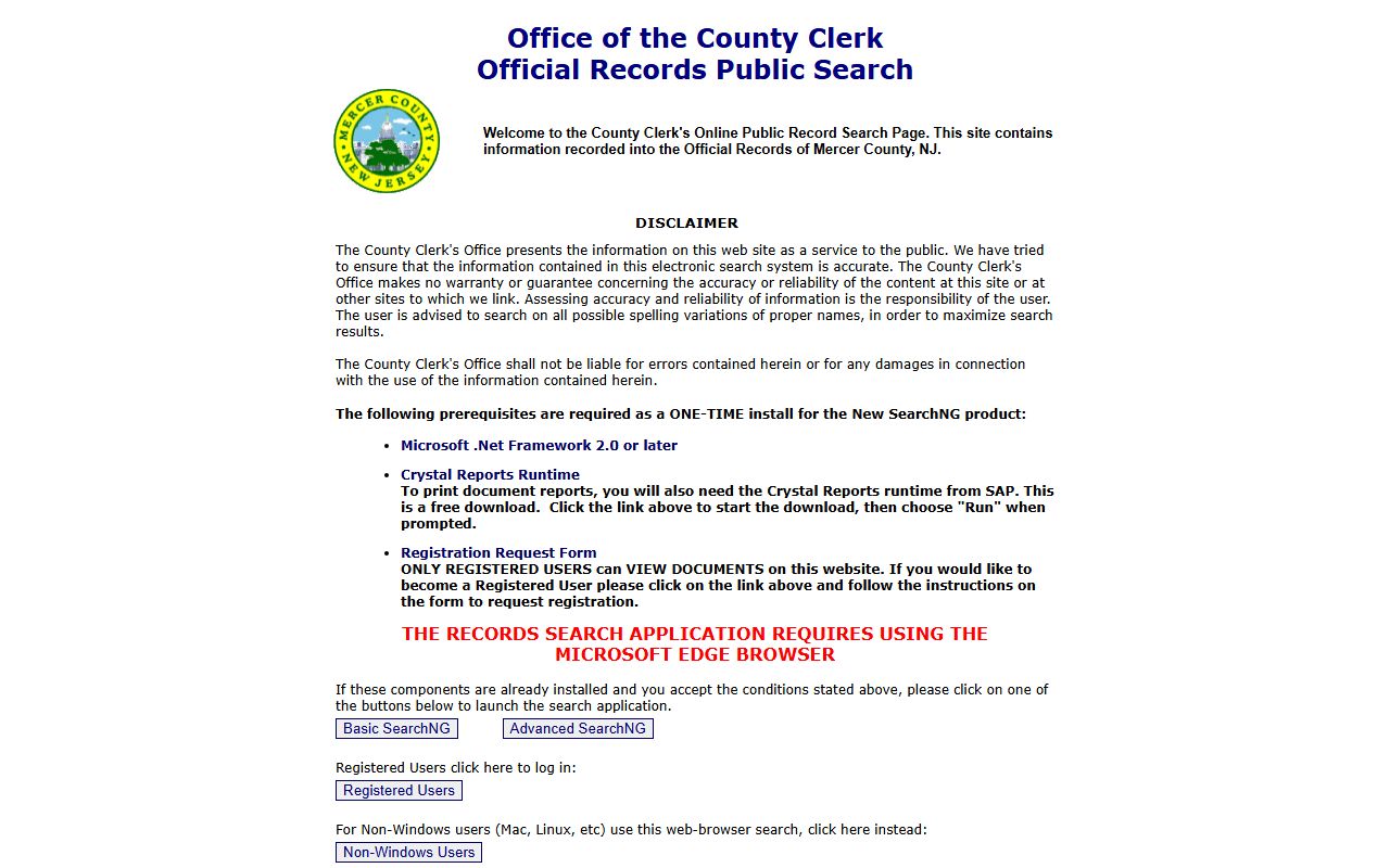 Mercer County Clerk records search system for deed records