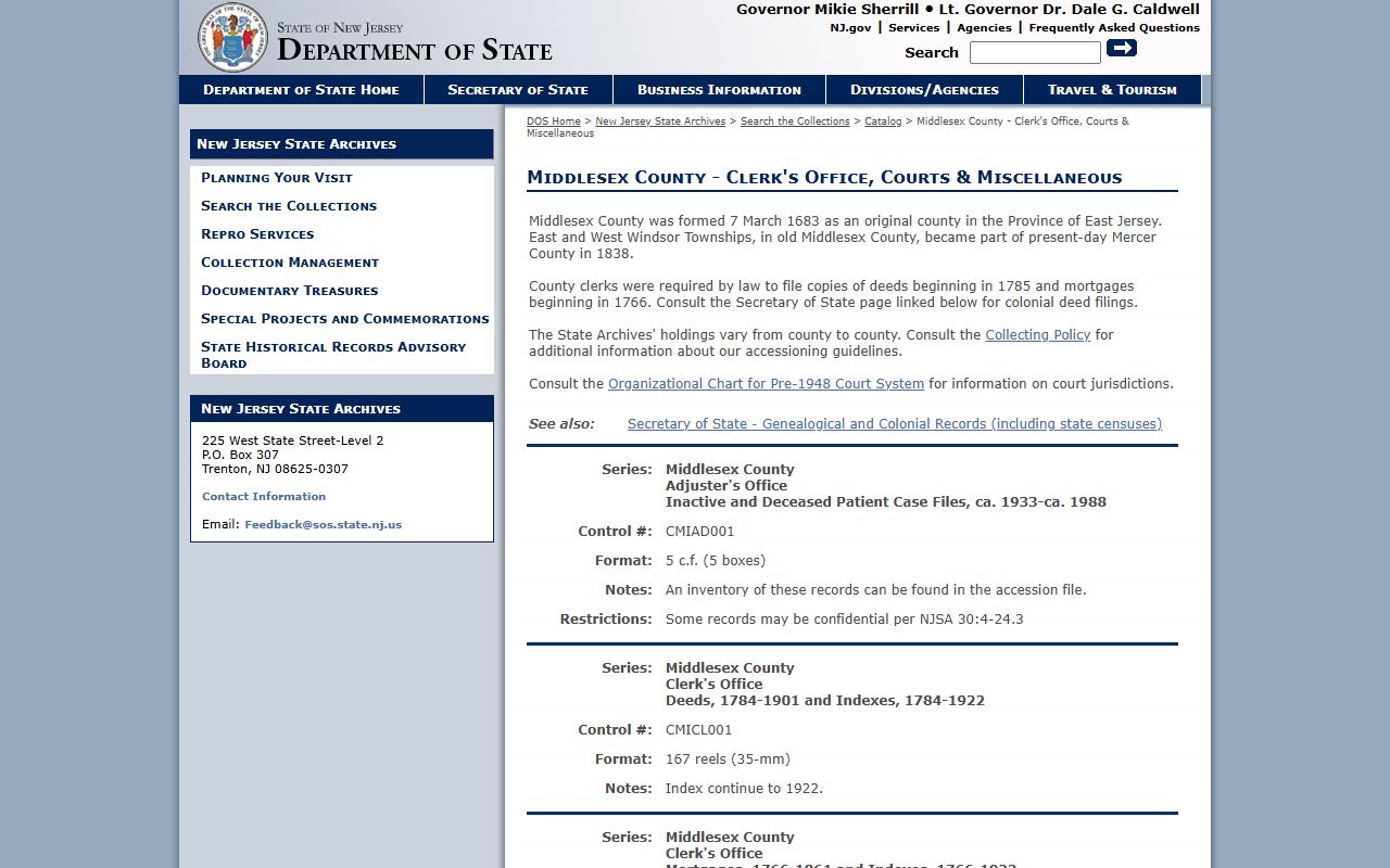 New Jersey State Archives holdings for Middlesex County deed records