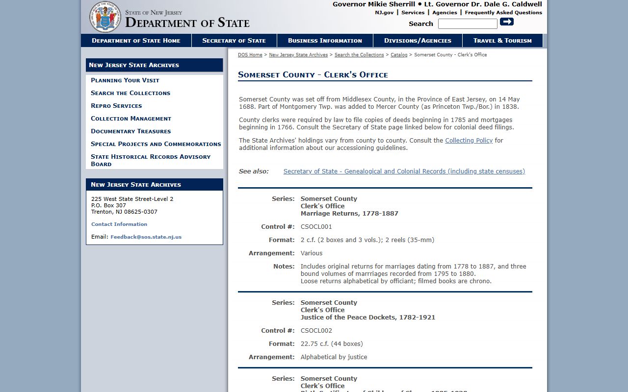 New Jersey State Archives Somerset County deed records holdings