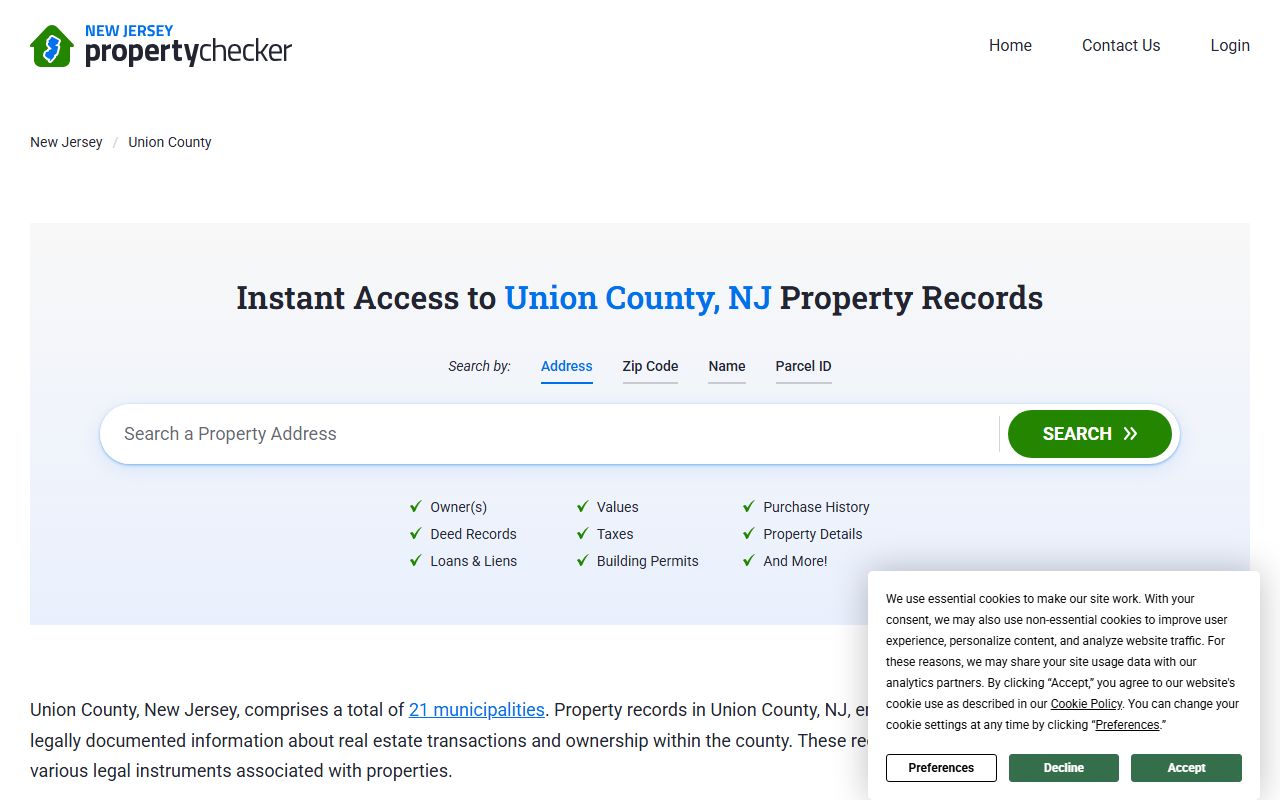Union County property deed records search for 21 municipalities
