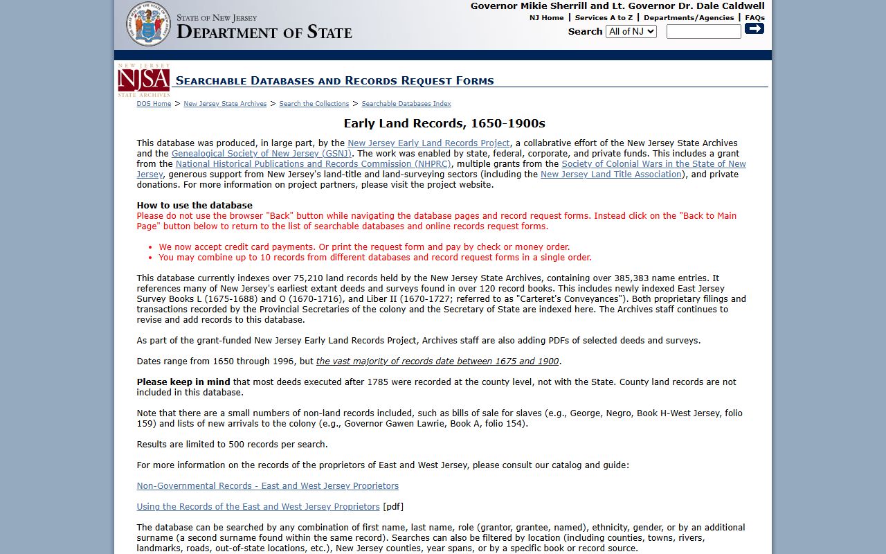 New Jersey early land records database for deed records research